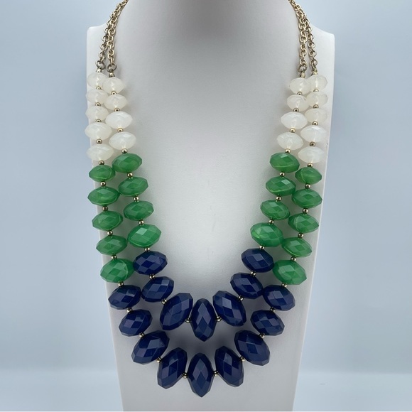 Unsigned Jewelry - Bold Color Block Statement Necklace Blue Green White Acrylic Beads GoldToneChain